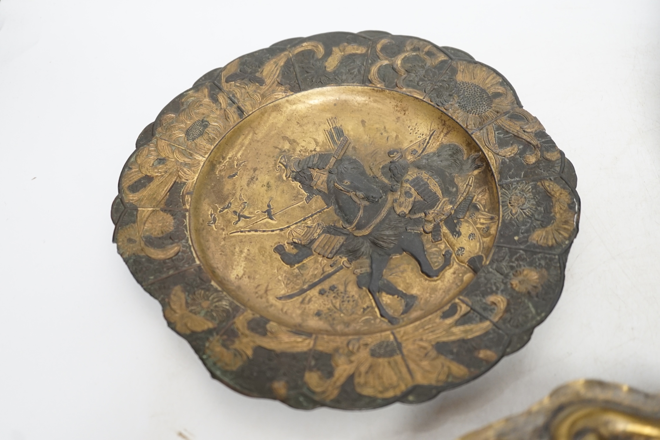 A Chinese cloisonné enamel figure, a Japanese and antimony dish and a large Continental gilt metal dish, figure 26.5cm high. Condition - poor to fair